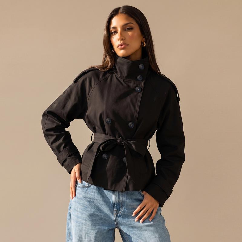 Katch Me Chic Women's Versatile Stand Collar Button-Up Trench Coat with Detachable Waist Belt - Stylish Windproof Outerwear for Autumn and Winter