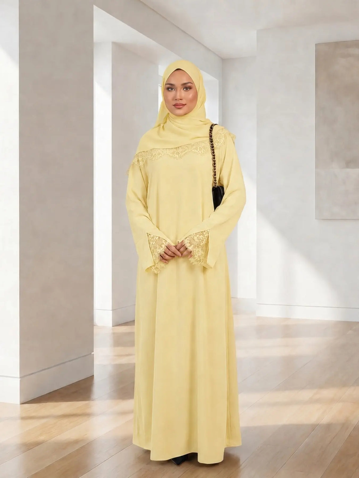Elegant Arabic-Inspired Women's Lace Dress Set with Split Sleeve Design and Lace Headscarf, Crafted from Nida Fabric for Fashion and Comfort in Modest Muslim Attire
