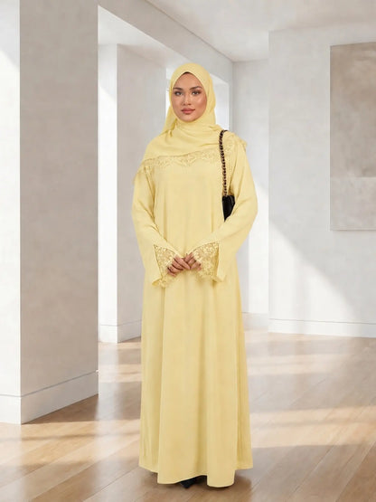 Elegant Arabic-Inspired Women's Lace Dress Set with Split Sleeve Design and Lace Headscarf, Crafted from Nida Fabric for Fashion and Comfort in Modest Muslim Attire