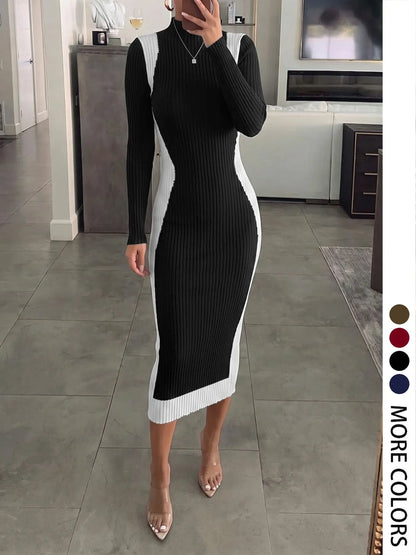 Women's Colorblock Long Sleeve Knit Midi Dress with Slim-Fitting Mock Neck for Fall and Winter Seasons