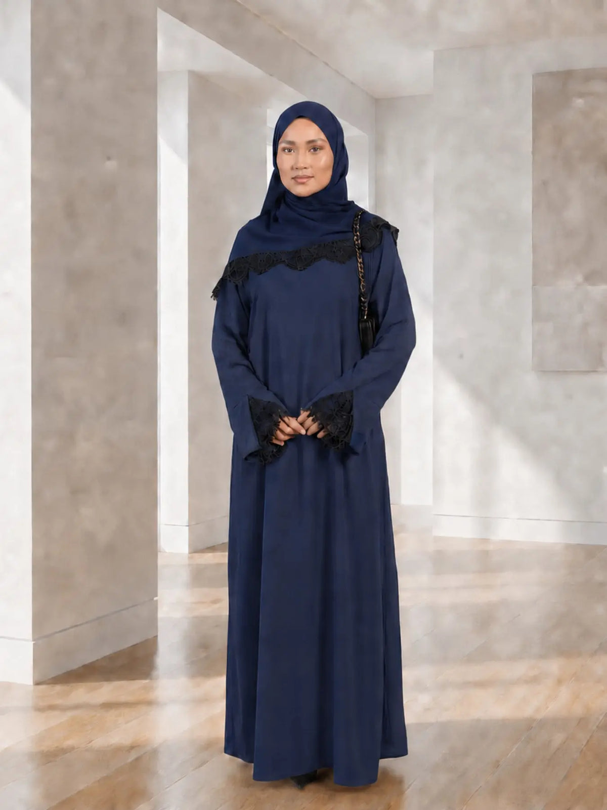 Elegant Arabic-Inspired Women's Lace Dress Set with Split Sleeve Design and Lace Headscarf, Crafted from Nida Fabric for Fashion and Comfort in Modest Muslim Attire