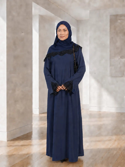 Elegant Arabic-Inspired Women's Lace Dress Set with Split Sleeve Design and Lace Headscarf, Crafted from Nida Fabric for Fashion and Comfort in Modest Muslim Attire