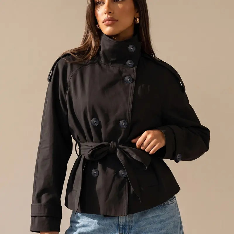 Katch Me Chic Women's Versatile Stand Collar Button-Up Trench Coat with Detachable Waist Belt - Stylish Windproof Outerwear for Autumn and Winter