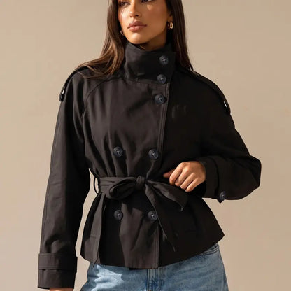 Katch Me Chic Women's Versatile Stand Collar Button-Up Trench Coat with Detachable Waist Belt - Stylish Windproof Outerwear for Autumn and Winter