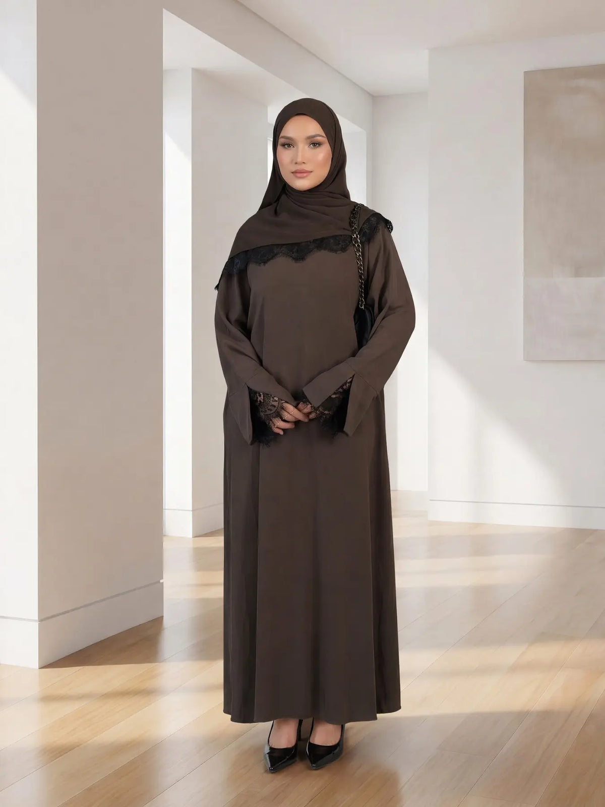 Elegant Arabic-Inspired Women's Lace Dress Set with Split Sleeve Design and Lace Headscarf, Crafted from Nida Fabric for Fashion and Comfort in Modest Muslim Attire