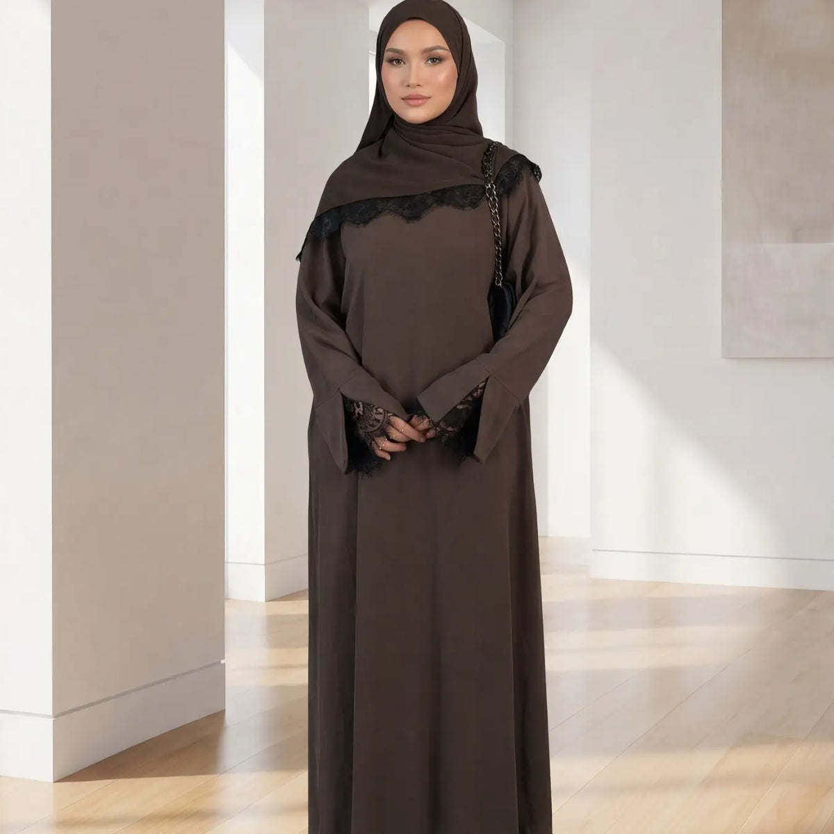 Elegant Arabic-Inspired Women's Lace Dress Set with Split Sleeve Design and Lace Headscarf, Crafted from Nida Fabric for Fashion and Comfort in Modest Muslim Attire