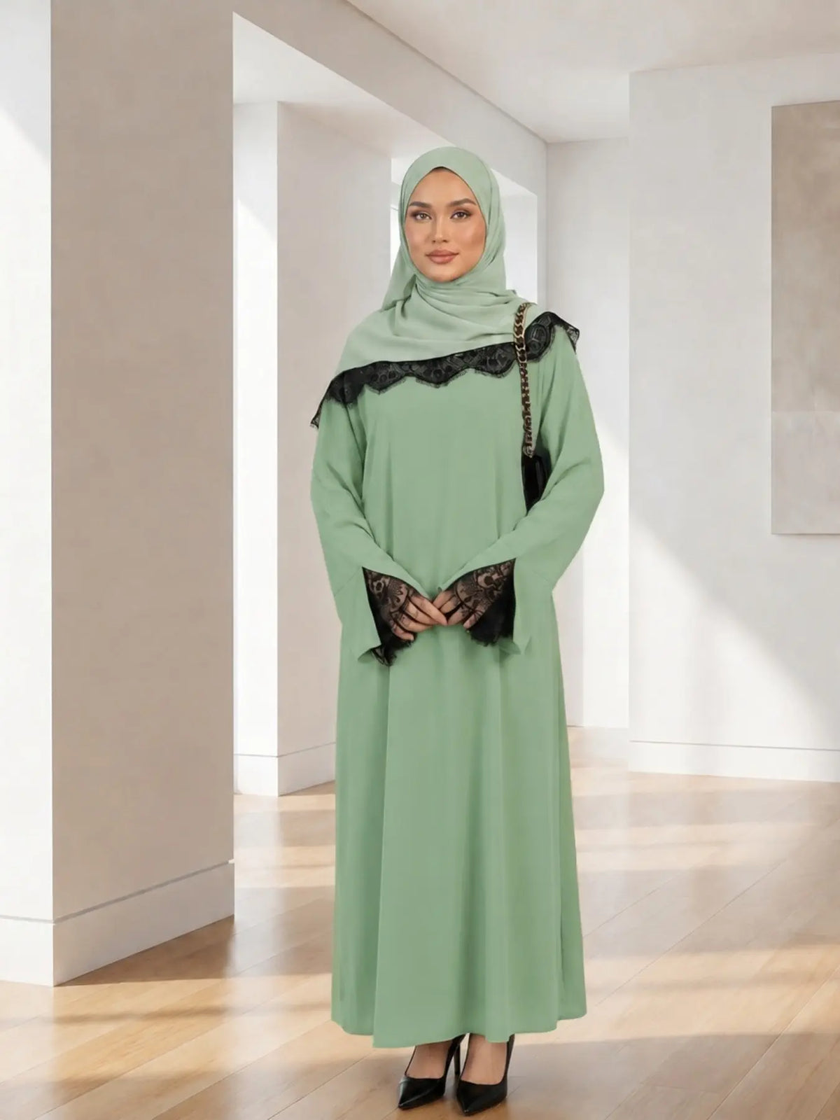 Elegant Arabic-Inspired Women's Lace Dress Set with Split Sleeve Design and Lace Headscarf, Crafted from Nida Fabric for Fashion and Comfort in Modest Muslim Attire
