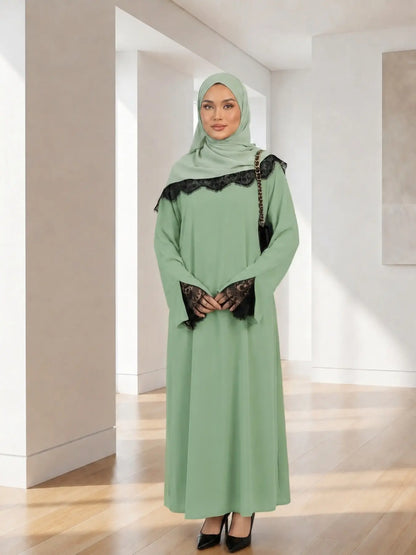 Elegant Arabic-Inspired Women's Lace Dress Set with Split Sleeve Design and Lace Headscarf, Crafted from Nida Fabric for Fashion and Comfort in Modest Muslim Attire
