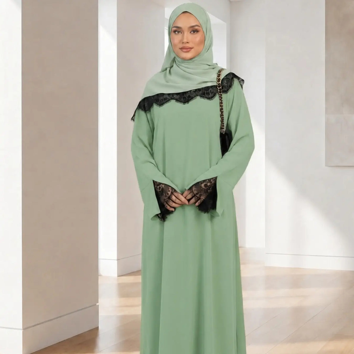 Elegant Arabic-Inspired Women's Lace Dress Set with Split Sleeve Design and Lace Headscarf, Crafted from Nida Fabric for Fashion and Comfort in Modest Muslim Attire