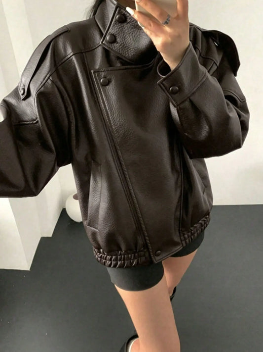Women's Fall and Winter Streetwear Coats - Casual Fashion Motorcycle-Style Leather-Look Long Sleeve Jacket with Vintage Loose Fit and Stand Collar Asymmetrical Design, Available in Multiple Colors