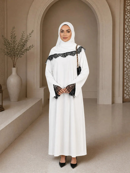 Elegant Arabic-Inspired Women's Lace Dress Set with Split Sleeve Design and Lace Headscarf, Crafted from Nida Fabric for Fashion and Comfort in Modest Muslim Attire