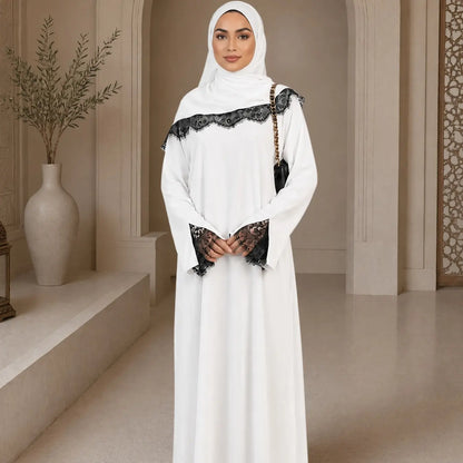 Elegant Arabic-Inspired Women's Lace Dress Set with Split Sleeve Design and Lace Headscarf, Crafted from Nida Fabric for Fashion and Comfort in Modest Muslim Attire