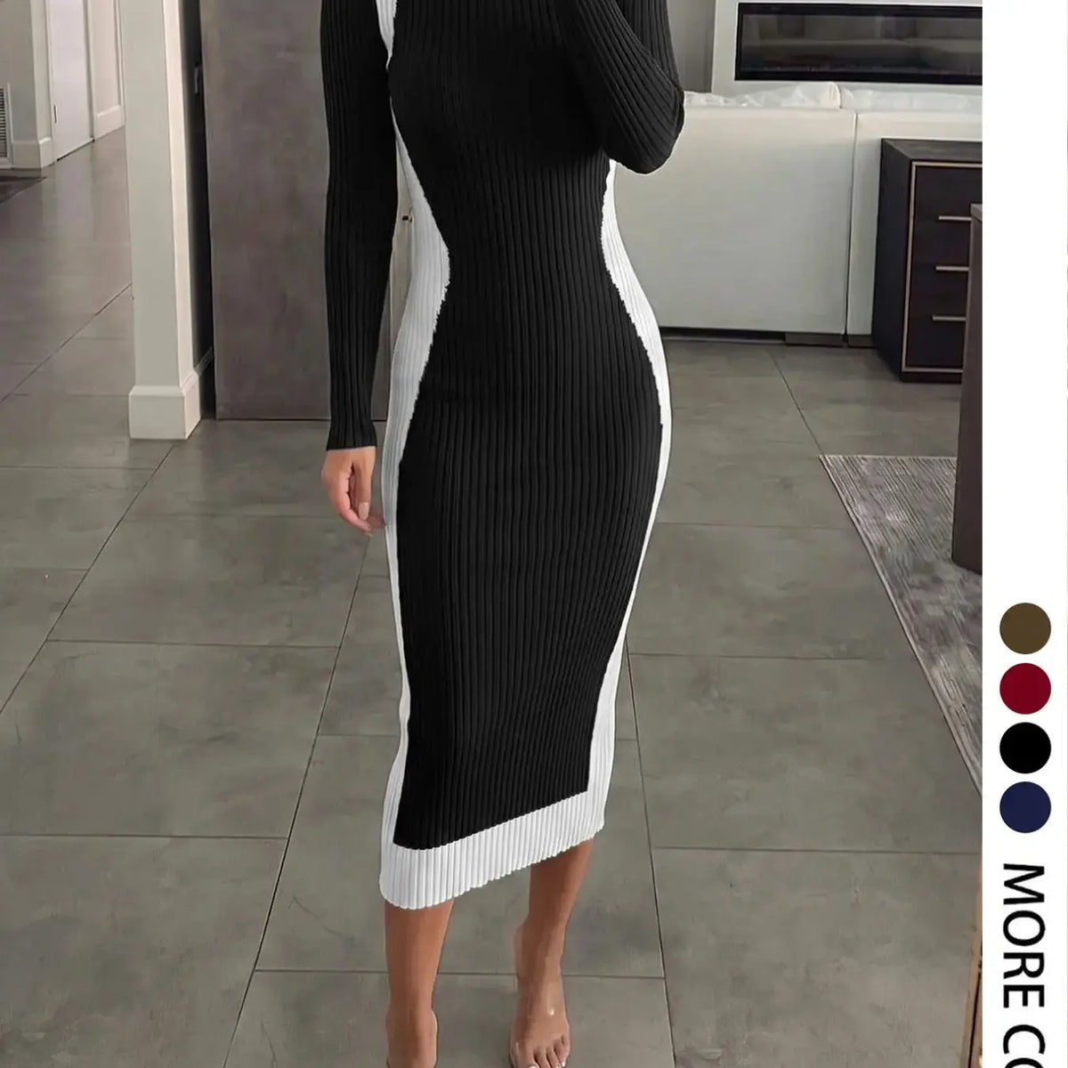 Women's Colorblock Long Sleeve Knit Midi Dress with Slim-Fitting Mock Neck for Fall and Winter Seasons
