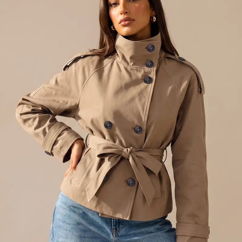 Katch Me Chic Women's Versatile Stand Collar Button-Up Trench Coat with Detachable Waist Belt - Stylish Windproof Outerwear for Autumn and Winter