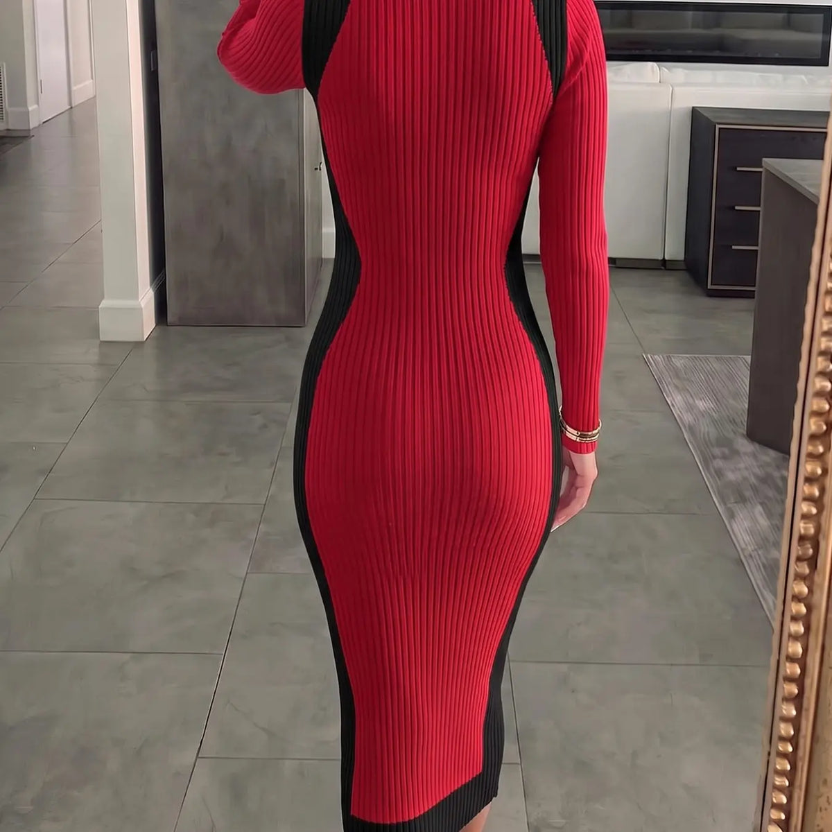 Women's Colorblock Long Sleeve Knit Midi Dress with Slim-Fitting Mock Neck for Fall and Winter Seasons