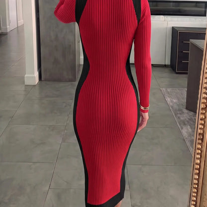 Women's Colorblock Long Sleeve Knit Midi Dress with Slim-Fitting Mock Neck for Fall and Winter Seasons