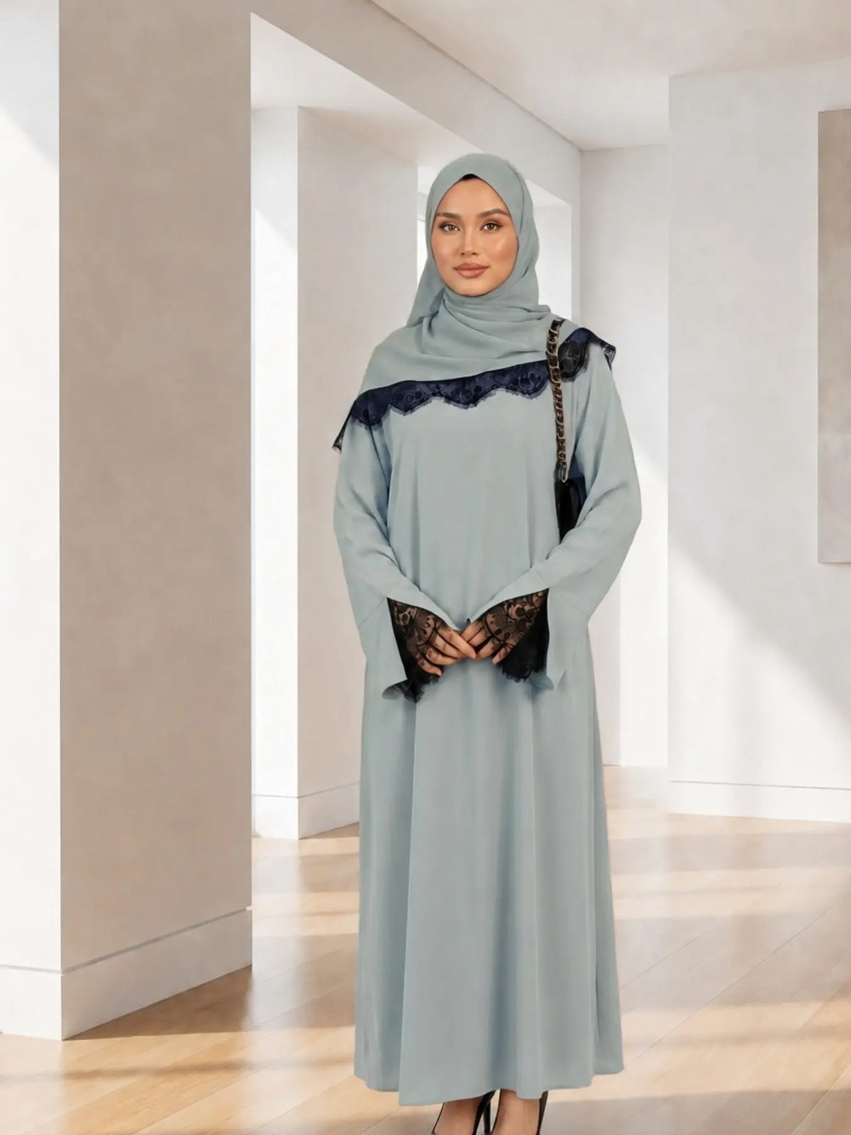 Elegant Arabic-Inspired Women's Lace Dress Set with Split Sleeve Design and Lace Headscarf, Crafted from Nida Fabric for Fashion and Comfort in Modest Muslim Attire