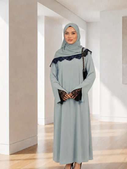 Elegant Arabic-Inspired Women's Lace Dress Set with Split Sleeve Design and Lace Headscarf, Crafted from Nida Fabric for Fashion and Comfort in Modest Muslim Attire