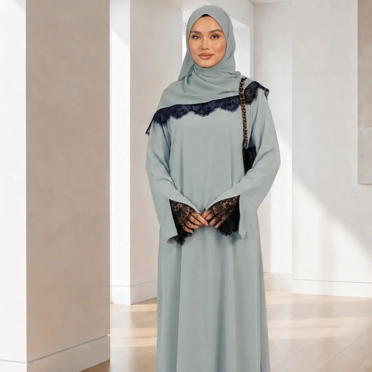 Elegant Arabic-Inspired Women's Lace Dress Set with Split Sleeve Design and Lace Headscarf, Crafted from Nida Fabric for Fashion and Comfort in Modest Muslim Attire