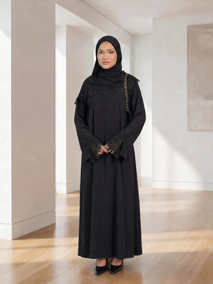 Elegant Arabic-Inspired Women's Lace Dress Set with Split Sleeve Design and Lace Headscarf, Crafted from Nida Fabric for Fashion and Comfort in Modest Muslim Attire