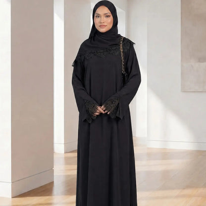 Elegant Arabic-Inspired Women's Lace Dress Set with Split Sleeve Design and Lace Headscarf, Crafted from Nida Fabric for Fashion and Comfort in Modest Muslim Attire