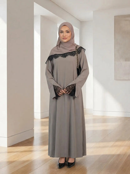 Elegant Arabic-Inspired Women's Lace Dress Set with Split Sleeve Design and Lace Headscarf, Crafted from Nida Fabric for Fashion and Comfort in Modest Muslim Attire