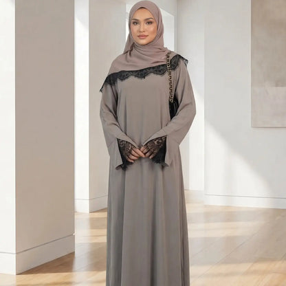 Elegant Arabic-Inspired Women's Lace Dress Set with Split Sleeve Design and Lace Headscarf, Crafted from Nida Fabric for Fashion and Comfort in Modest Muslim Attire