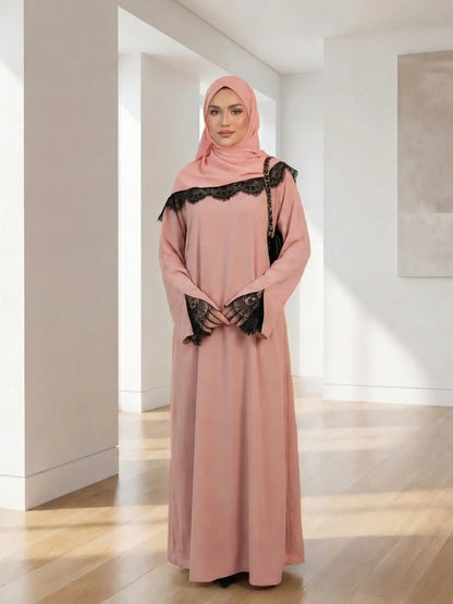 Elegant Arabic-Inspired Women's Lace Dress Set with Split Sleeve Design and Lace Headscarf, Crafted from Nida Fabric for Fashion and Comfort in Modest Muslim Attire