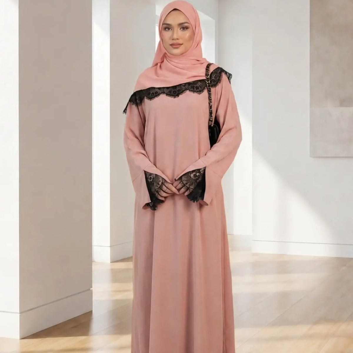 Elegant Arabic-Inspired Women's Lace Dress Set with Split Sleeve Design and Lace Headscarf, Crafted from Nida Fabric for Fashion and Comfort in Modest Muslim Attire