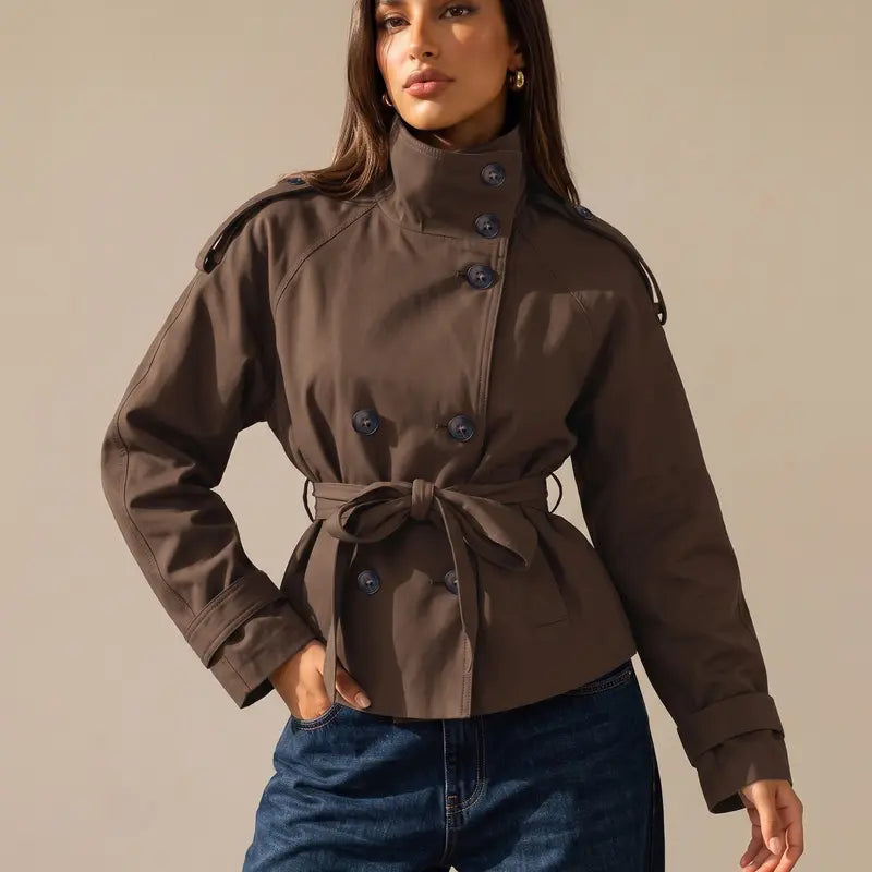 Katch Me Chic Women's Versatile Stand Collar Button-Up Trench Coat with Detachable Waist Belt - Stylish Windproof Outerwear for Autumn and Winter