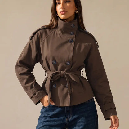 Katch Me Chic Women's Versatile Stand Collar Button-Up Trench Coat with Detachable Waist Belt - Stylish Windproof Outerwear for Autumn and Winter