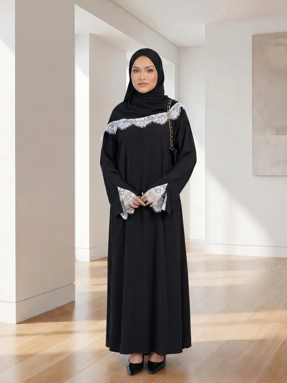 Elegant Arabic-Inspired Women's Lace Dress Set with Split Sleeve Design and Lace Headscarf, Crafted from Nida Fabric for Fashion and Comfort in Modest Muslim Attire