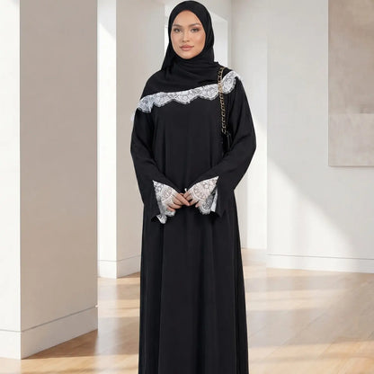 Elegant Arabic-Inspired Women's Lace Dress Set with Split Sleeve Design and Lace Headscarf, Crafted from Nida Fabric for Fashion and Comfort in Modest Muslim Attire
