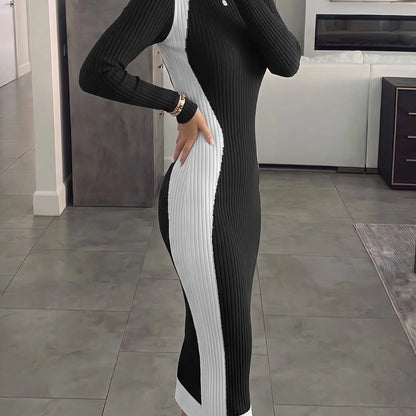 Women's Colorblock Long Sleeve Knit Midi Dress with Slim-Fitting Mock Neck for Fall and Winter Seasons