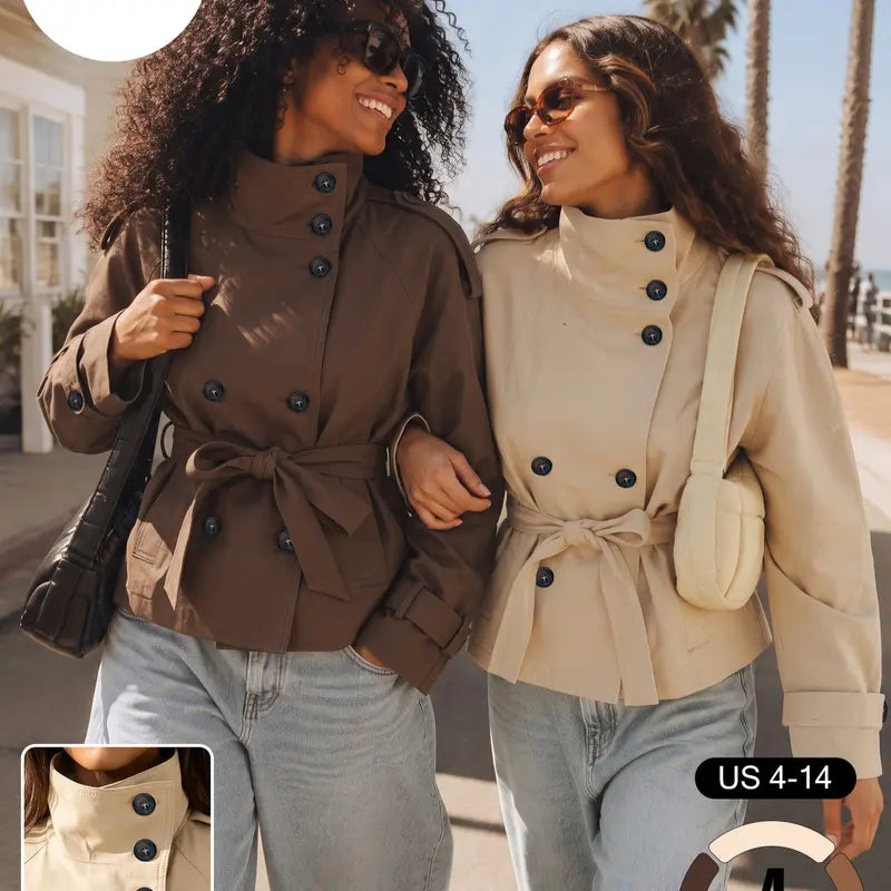 Katch Me Chic Women's Versatile Stand Collar Button-Up Trench Coat with Detachable Waist Belt - Stylish Windproof Outerwear for Autumn and Winter