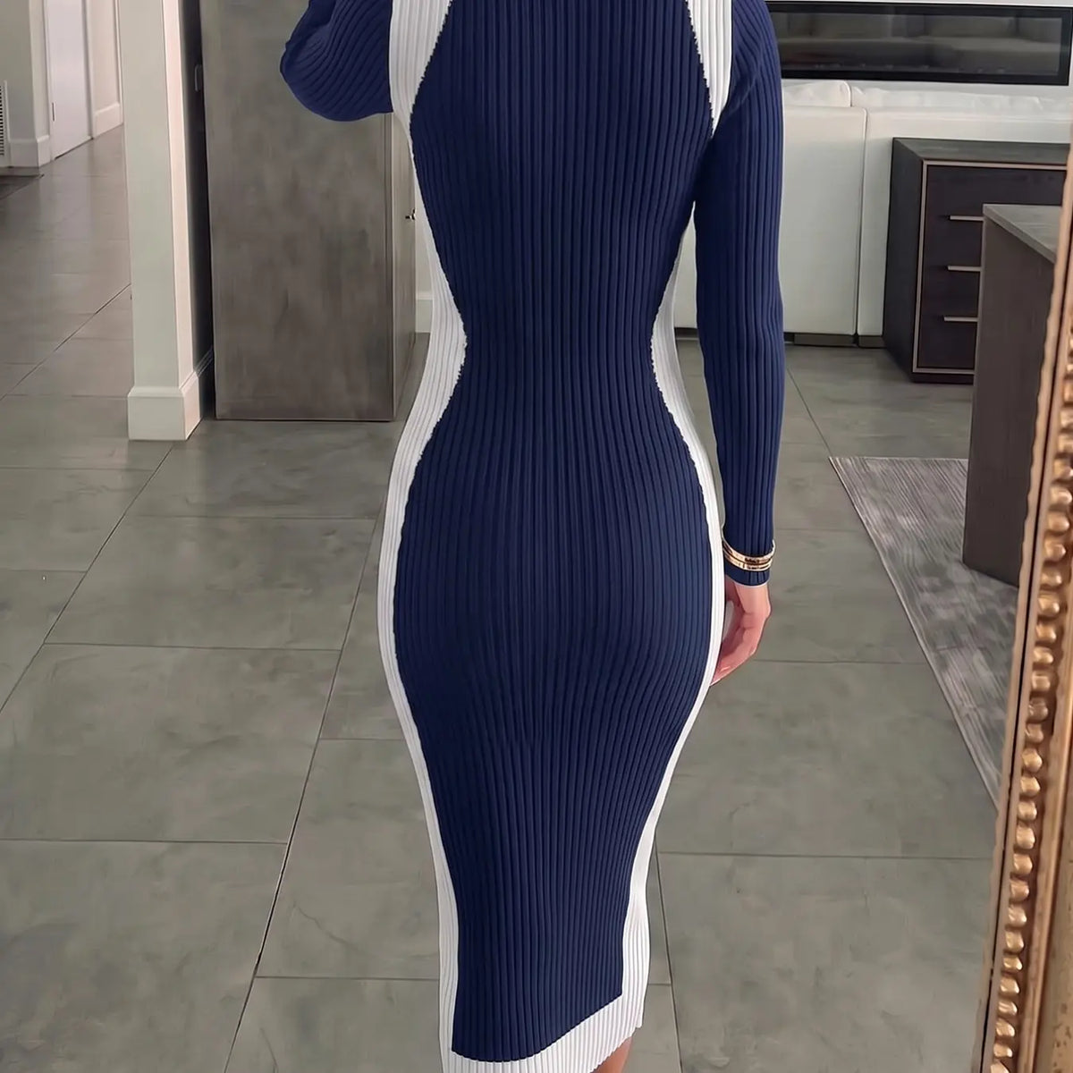 Women's Colorblock Long Sleeve Knit Midi Dress with Slim-Fitting Mock Neck for Fall and Winter Seasons