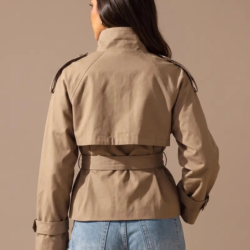 Katch Me Chic Women's Versatile Stand Collar Button-Up Trench Coat with Detachable Waist Belt - Stylish Windproof Outerwear for Autumn and Winter