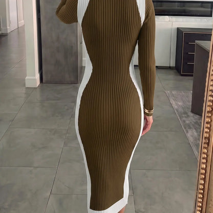 Women's Colorblock Long Sleeve Knit Midi Dress with Slim-Fitting Mock Neck for Fall and Winter Seasons