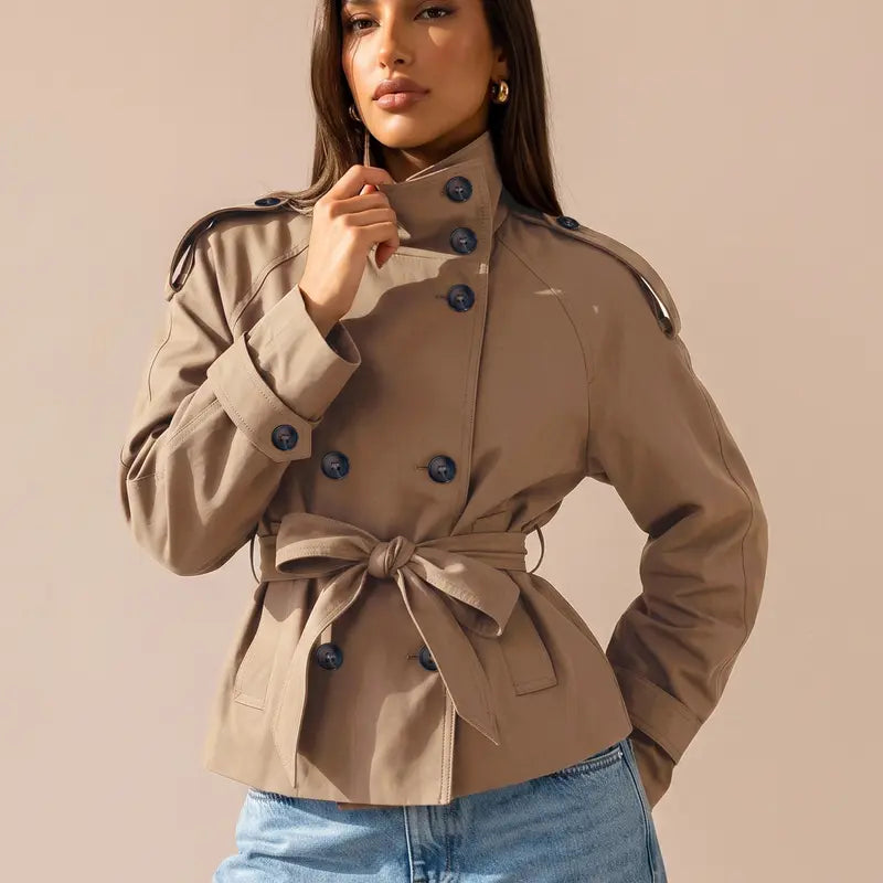 Katch Me Chic Women's Versatile Stand Collar Button-Up Trench Coat with Detachable Waist Belt - Stylish Windproof Outerwear for Autumn and Winter