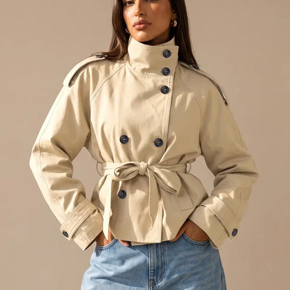 Katch Me Chic Women's Versatile Stand Collar Button-Up Trench Coat with Detachable Waist Belt - Stylish Windproof Outerwear for Autumn and Winter