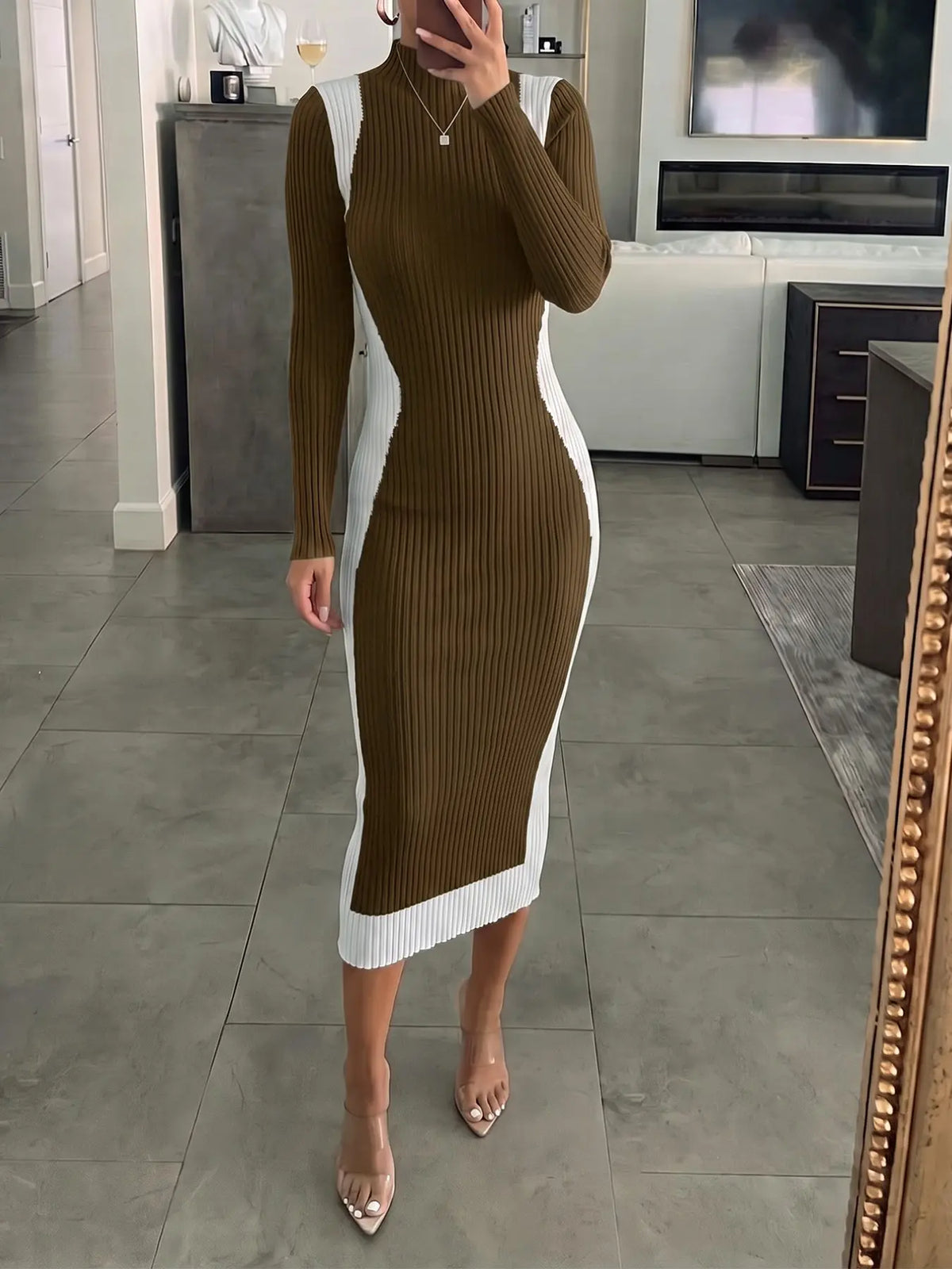 Women's Colorblock Long Sleeve Knit Midi Dress with Slim-Fitting Mock Neck for Fall and Winter Seasons