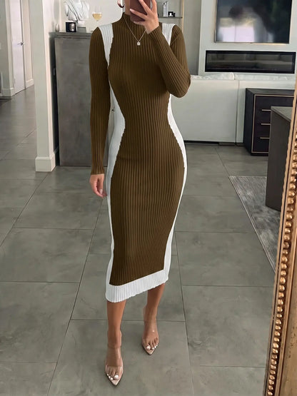 Women's Colorblock Long Sleeve Knit Midi Dress with Slim-Fitting Mock Neck for Fall and Winter Seasons