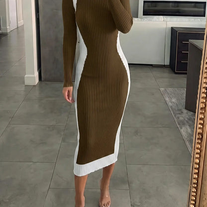 Women's Colorblock Long Sleeve Knit Midi Dress with Slim-Fitting Mock Neck for Fall and Winter Seasons
