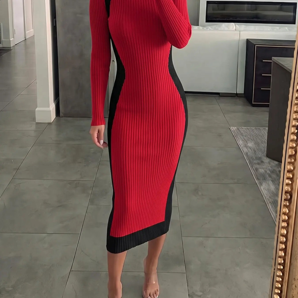 Women's Colorblock Long Sleeve Knit Midi Dress with Slim-Fitting Mock Neck for Fall and Winter Seasons