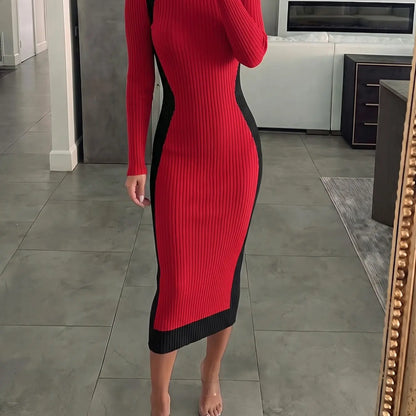 Women's Colorblock Long Sleeve Knit Midi Dress with Slim-Fitting Mock Neck for Fall and Winter Seasons