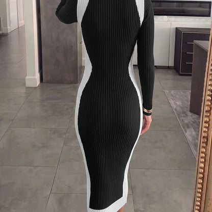 Women's Colorblock Long Sleeve Knit Midi Dress with Slim-Fitting Mock Neck for Fall and Winter Seasons
