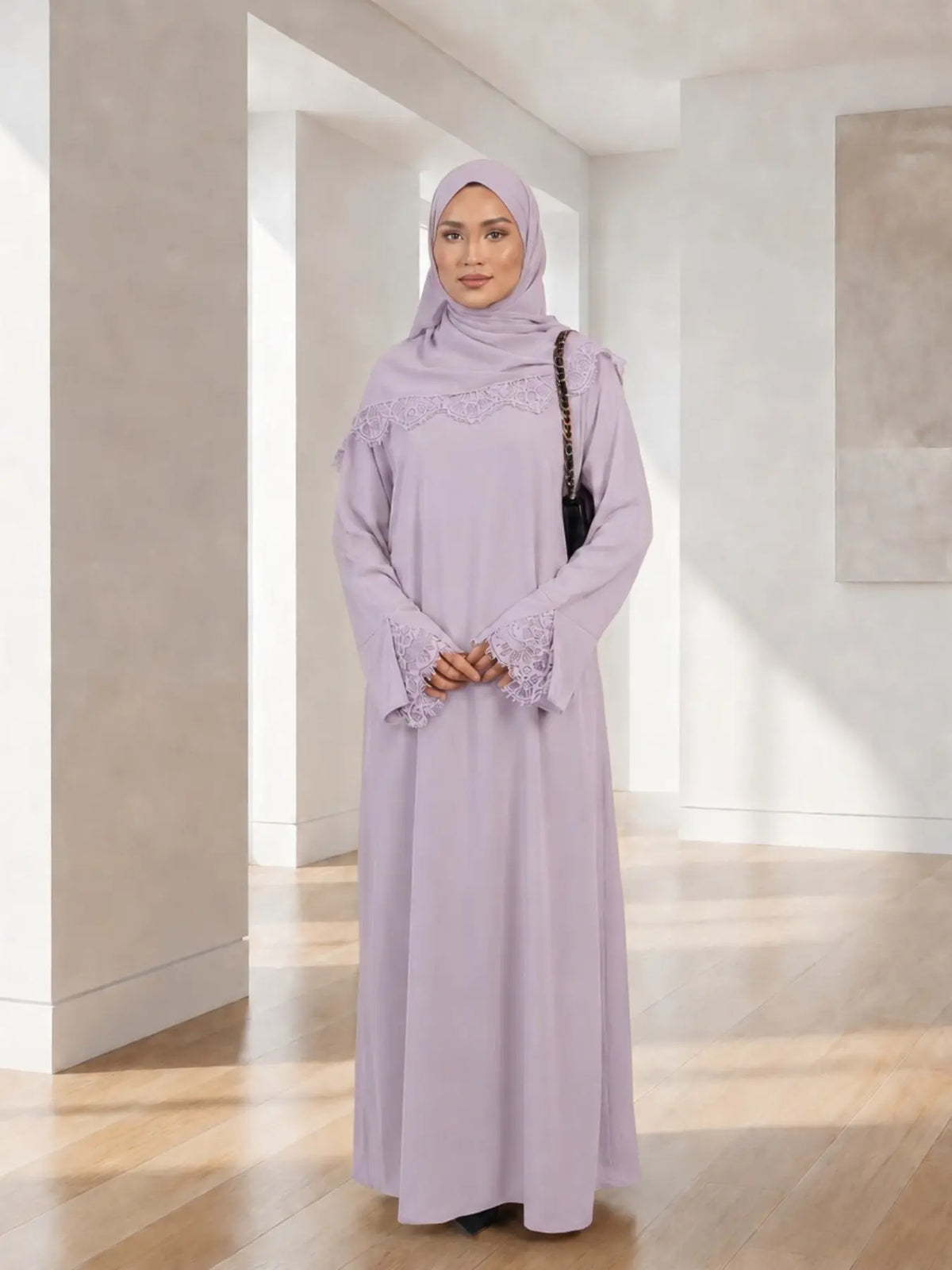 Elegant Arabic-Inspired Women's Lace Dress Set with Split Sleeve Design and Lace Headscarf, Crafted from Nida Fabric for Fashion and Comfort in Modest Muslim Attire