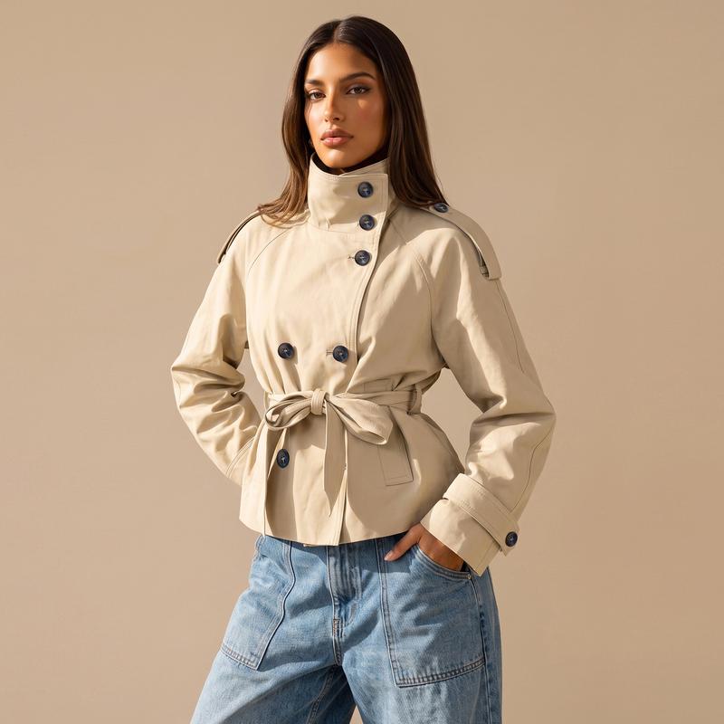 Katch Me Chic Women's Versatile Stand Collar Button-Up Trench Coat with Detachable Waist Belt - Stylish Windproof Outerwear for Autumn and Winter