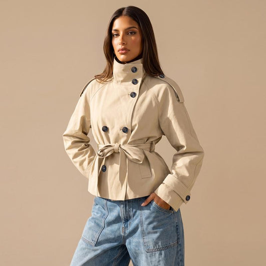 Katch Me Chic Women's Versatile Stand Collar Button-Up Trench Coat with Detachable Waist Belt - Stylish Windproof Outerwear for Autumn and Winter