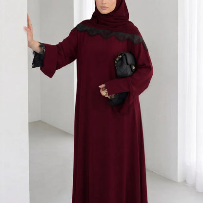 Elegant Arabic-Inspired Women's Lace Dress Set with Split Sleeve Design and Lace Headscarf, Crafted from Nida Fabric for Fashion and Comfort in Modest Muslim Attire